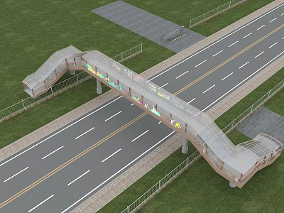 Pedestrian Footbridge Structure Over Road With Green Grass And Railings 3d model