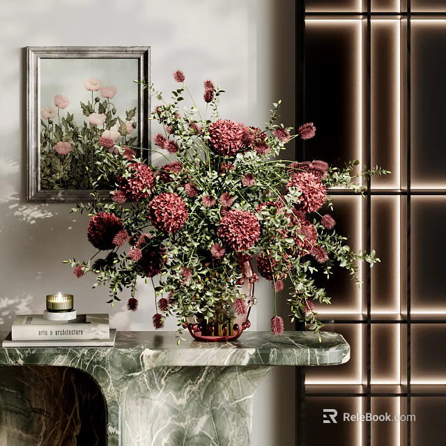 Elegant Red Flower Bouquet In Vase With Green Foliage On Marble Table Home Decor 3d model 