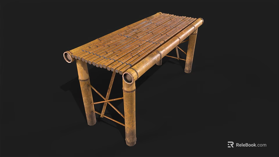Bamboo Table With Slatted Top Crossed Legs And Natural Material Structure 3d model 