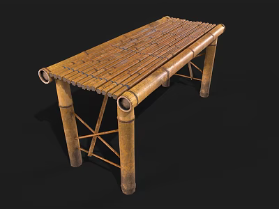 Bamboo Table With Slatted Top Crossed Legs And Natural Material Structure 3d model