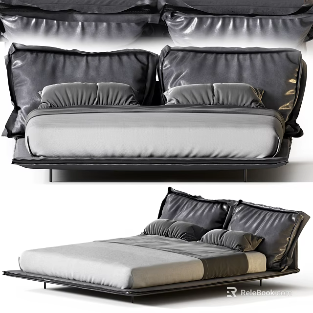 Modern Double Bed With Dark Leather Headboard Light Mattress And Pillows 3d model 