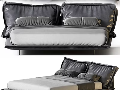 Modern Double Bed With Dark Leather Headboard Light Mattress And Pillows 3d model
