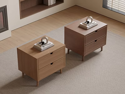 Modern Wooden Bedside Tables With Drawers And Decorative Accents On Top 3d model
