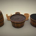 Garden Decorative Items with Wooden Barrels Terracotta Pots Soil and Broken Pieces
