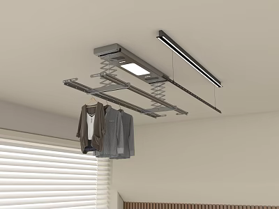 Ceiling Mounted Metal Clothes Drying Rack With Light Strip And Clothes Hanging Near Window Blinds 3d model