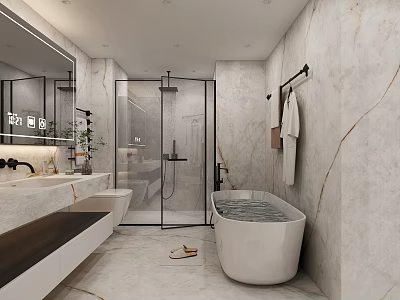 Elegant Modern Bathroom Interior With Marble Walls Freestanding Bathtub And Glass Shower 3d model