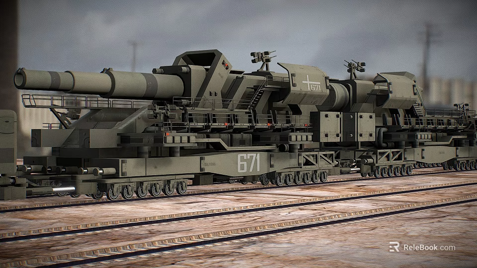 Gray Industrial Train Number 671 With Large Equipment On Railway Tracks 3d model 