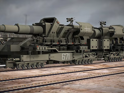Gray Industrial Train Number 671 With Large Equipment On Railway Tracks 3d model