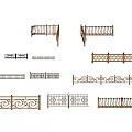 Various Iron And Wooden Fence Designs Featuring Intricate Scrollwork And Patterns 3d model