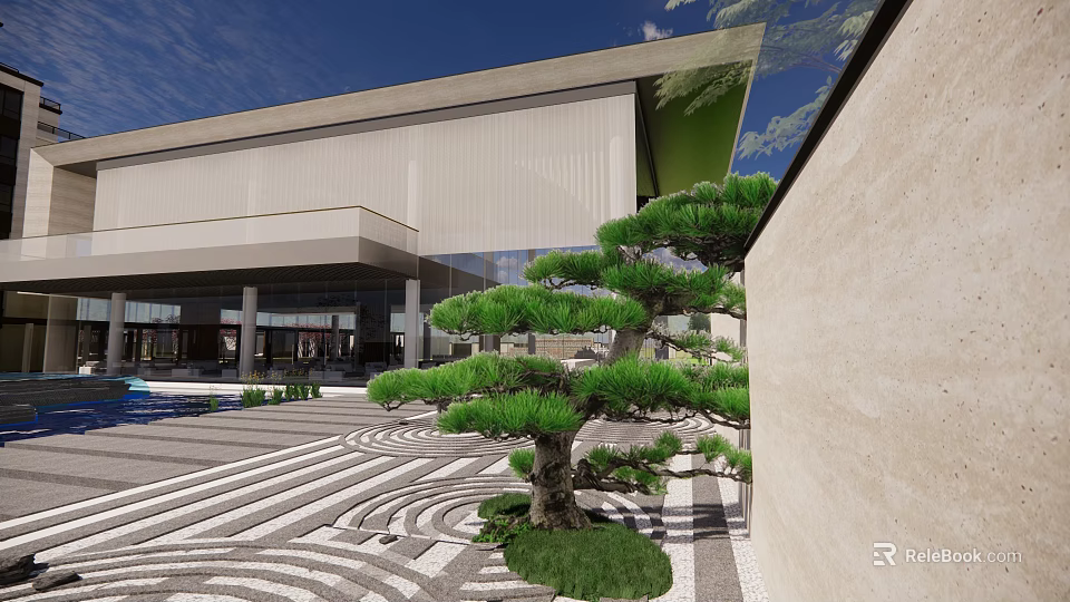 Modern Sales Office Building With Glass Facade Courtyard Pine Tree And Geometric Paved Ground 3d model 