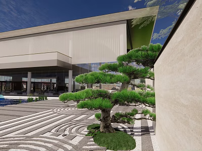 Modern Sales Office Building With Glass Facade Courtyard Pine Tree And Geometric Paved Ground 3d model