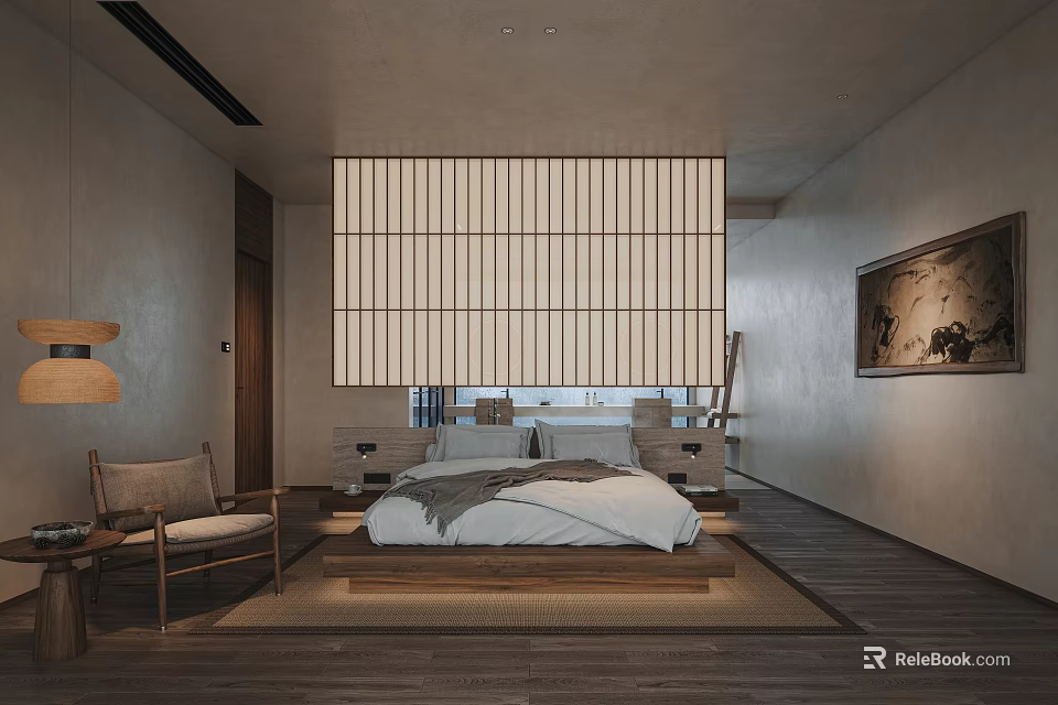 Minimalist Japanese Style Hotel Guest Room Interior With Tatami Bed Wooden Screen And Wooden Flooring 3d model 