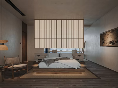 Minimalist Japanese Style Hotel Guest Room Interior With Tatami Bed Wooden Screen And Wooden Flooring 3d model