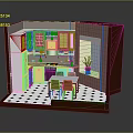 Cartoon Kitchen Scene With Cabinets Refrigerator Dining Table Chairs And Plant