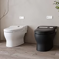 Modern Bathroom Interior With White And Black Toilet Wooden Floor And Plants