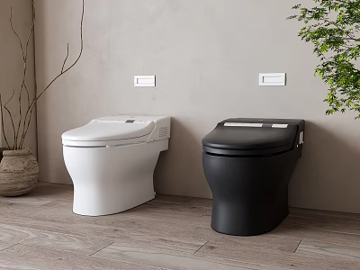 Modern Bathroom Interior With White And Black Toilet Wooden Floor And Plants 3d model