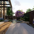 Serene Courtyard Garden With Purple Flowering Tree Circular Archway Pool And Outdoor Seating