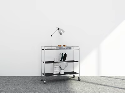 Modern Mobile Cart With Multi Tiered Shelves Table Lamp Magazine And Shoes 3d model