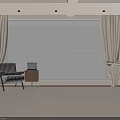 Elegant Beige Curtains In Living Room With Striped Armchair Wooden Floor And Laptop On Table