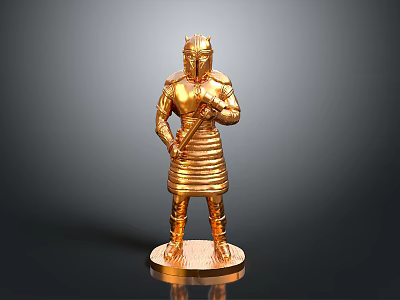 Intricate Golden Warrior Statue In Full Armor Holding Weapon On Pedestal 3d model