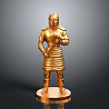 Intricate Golden Warrior Statue In Full Armor Holding Weapon On Pedestal