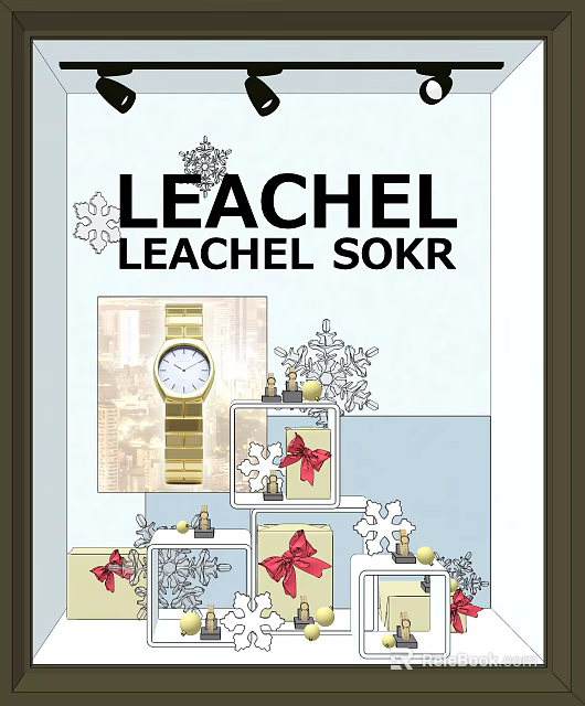 Leachel Leachel Sokr Window Display With Gold Watch Snowflake Ornaments And Gift Boxes 3d model 