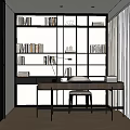 Modern Study Room Interior With Bookshelves Books Wooden Desk Chair White Curtains And Herringbone Flooring
