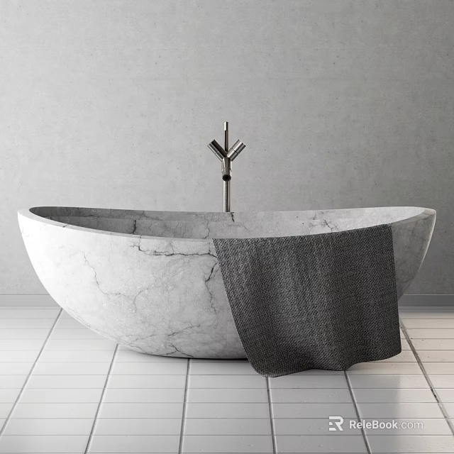 Oval Marble Bathtub In Bathroom Interior With Gray Towel Metal Faucet And White Tiled Floor 3d model 