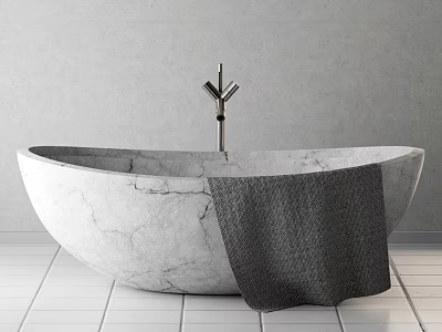 Oval Marble Bathtub In Bathroom Interior With Gray Towel Metal Faucet And White Tiled Floor 3d model