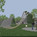 Modern Wavy Pergola With Illuminated Lighting In Outdoor Garden Park For People Gathering
