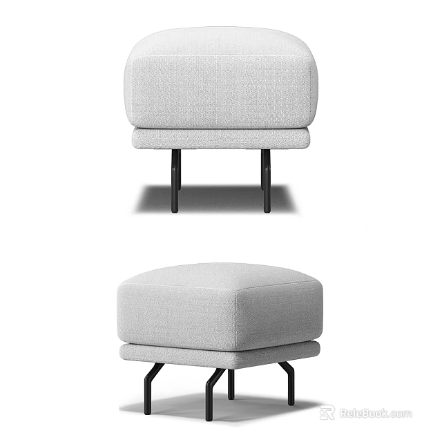 Modern Upholstered Stool With Square Seat Gray Fabric And Black Metal Legs Design 3d model 