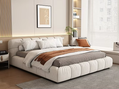 Modern Double Bed With Upholstered Headboard White Pillows Brown Blanket And Gray Duvet 3d model