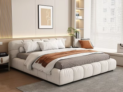 Modern Double Bed With Upholstered Headboard White Pillows Brown Blanket And Gray Duvet 3d model