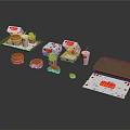 Fast Food Assortment Including Hamburgers Fries Drink And Packaging On Tray