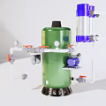 Industrial Equipment Featuring Green Cylindrical Tank Blue Component White Pipes Valves And Pressure Gauges
