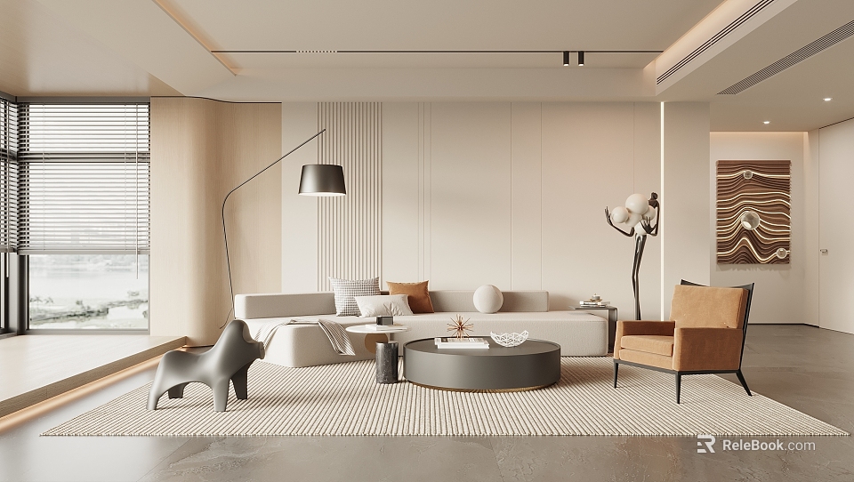 Modern Living Room With Light Sofa Round Coffee Table Floor Lamp And Accent Chair 3d model 