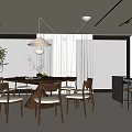 Modern Restaurant Interior Featuring Dining Table Chairs Hanging Lamp Large Windows Trees And Bar Counter