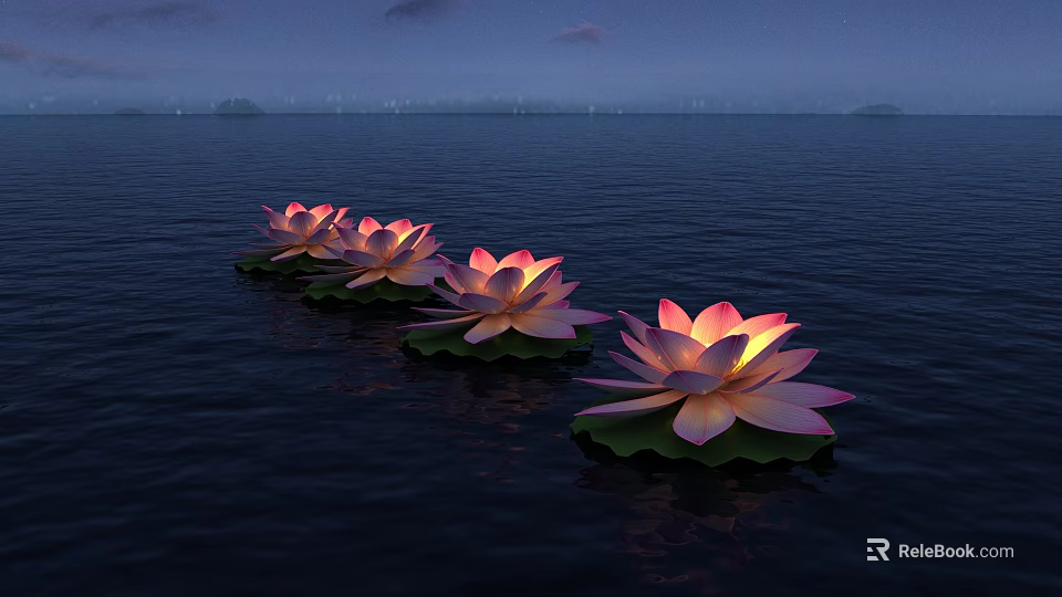 Lotus Shaped Lanterns Illuminated Floating On Night Water With Scenic Background 3d model 