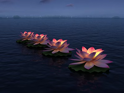 Lotus Shaped Lanterns Illuminated Floating On Night Water With Scenic Background 3d model