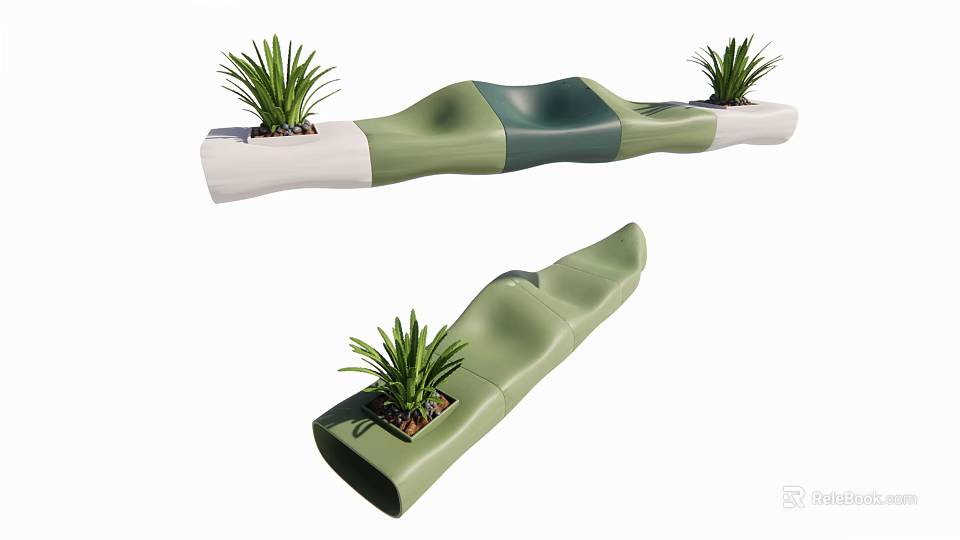 Modern Green Public Chair with Curved Design and Potted Plants Decoration 3d model 
