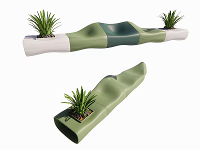 Modern Green Public Chair with Curved Design and Potted Plants Decoration 3d model