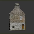 Cartoon Scenery Of A Brick House With Sloped Tile Roof Chimneys Windows And Black Door