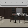 Elegant Office Interior With Wooden Bookshelves National Flag Desk Computer Sofa And Ceiling Lighting