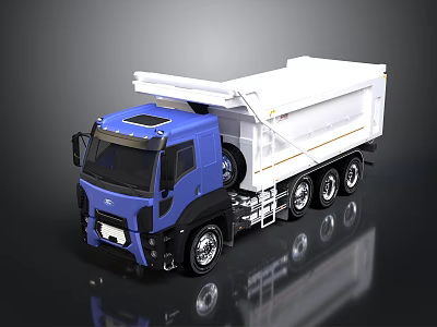 Blue Cab White Bed Dump Truck Model With Multiple Wheels And Reflective Surface 3d model