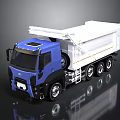 Blue Cab White Bed Dump Truck Model With Multiple Wheels And Reflective Surface