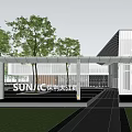 Modern Sales Office Building Featuring Glass Curtain Wall Water Pools Trees Pathway And Sky Reflections