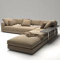 Beige Sectional Sofa with Plush Cushions Throw Blanket and Side Table 3d model