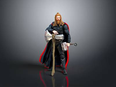 Mythical Warrior Man Wearing Red Cape Holding Hammer Shield And Sword 3d model