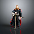 Mythical Warrior Man Wearing Red Cape Holding Hammer Shield And Sword