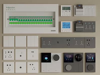 Schneider Electrical Devices With Distribution Box Switches Sockets Thermostat Control Panels 3d model
